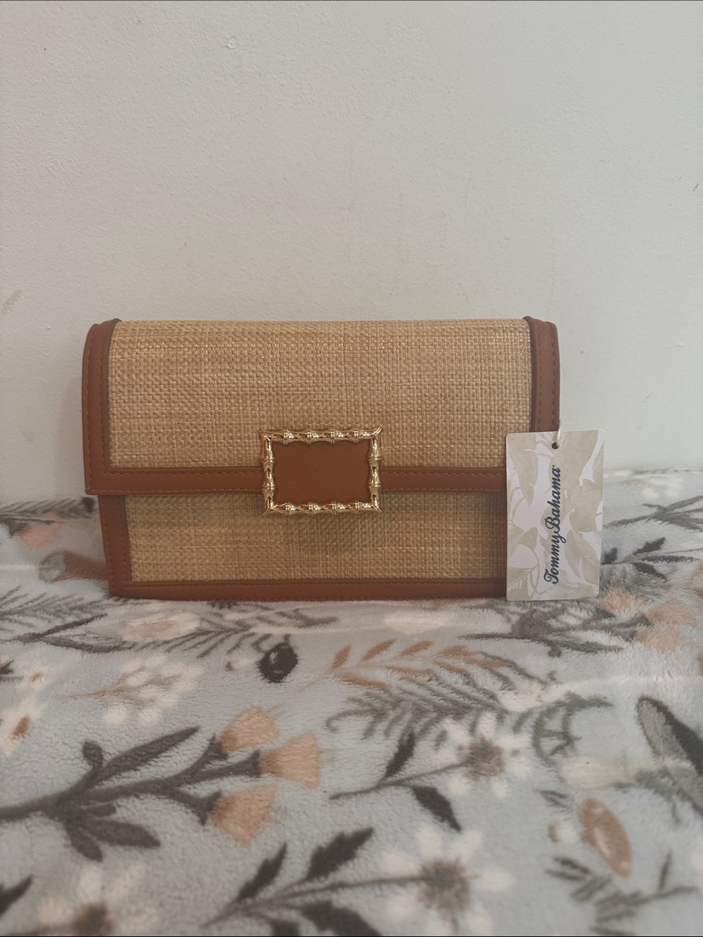 Tommy Bahama Straw Clutch with Brown Trim and Gold Buckle